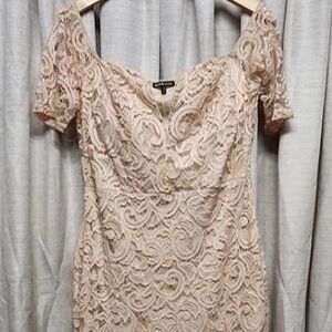 Peachy pink lace off the shoulder dress with short sleeve above knee v accent XL